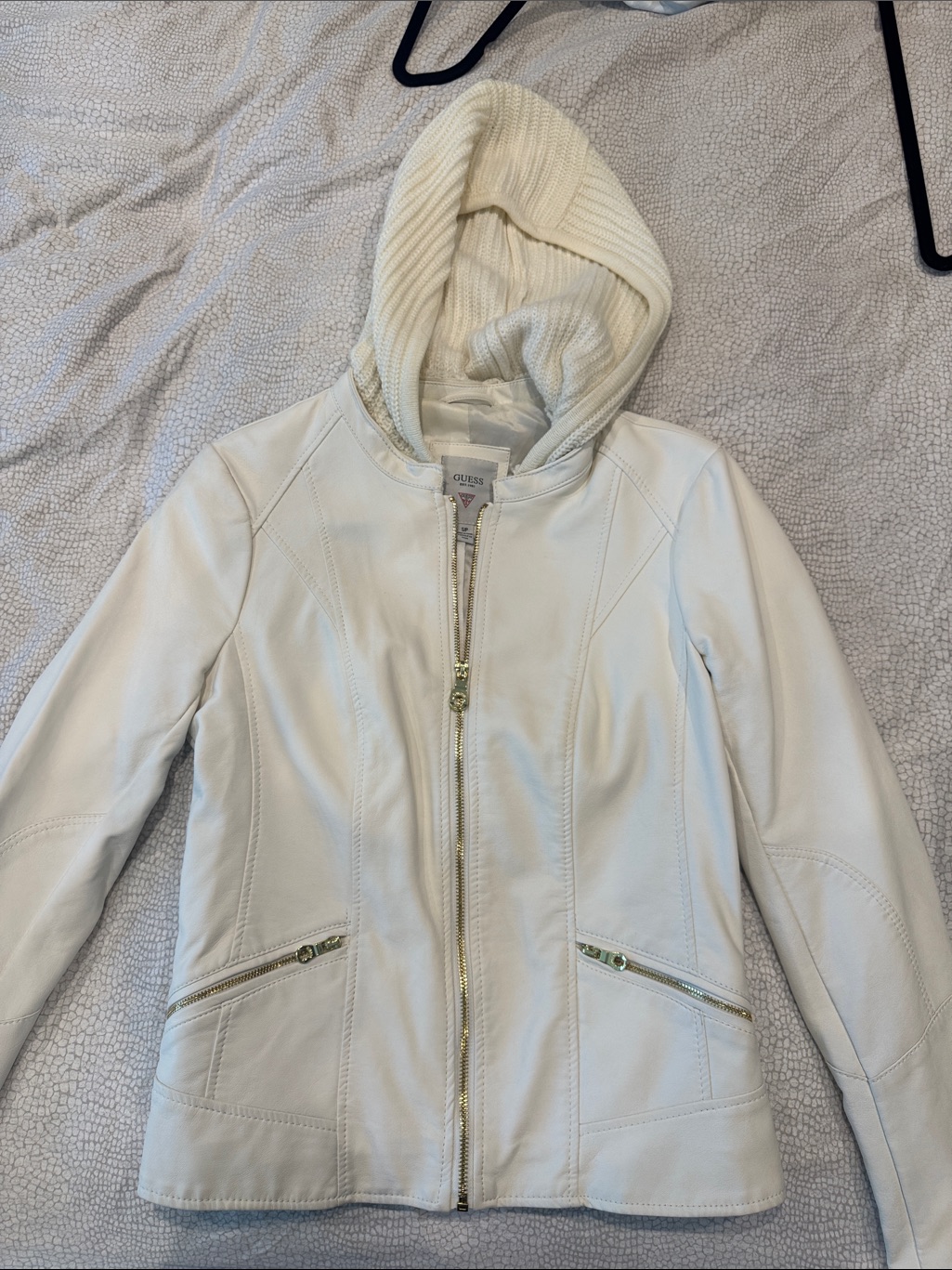 Guess Cream Hooded Faux-Leather Jacket With Gold Zippers